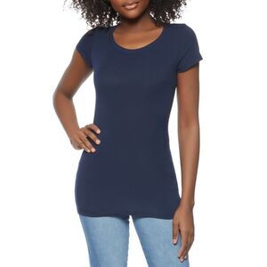 HEARTS AND HIPS Womens Navy Stretch Ribbed Short Sleeve Round Neck Top S